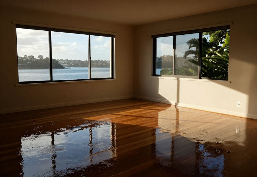 Flooded living room in Narraweena before restoration